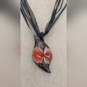 Art Glass Floral Pendant Necklace Black Ribbon Cord Boho Statement Jewelry